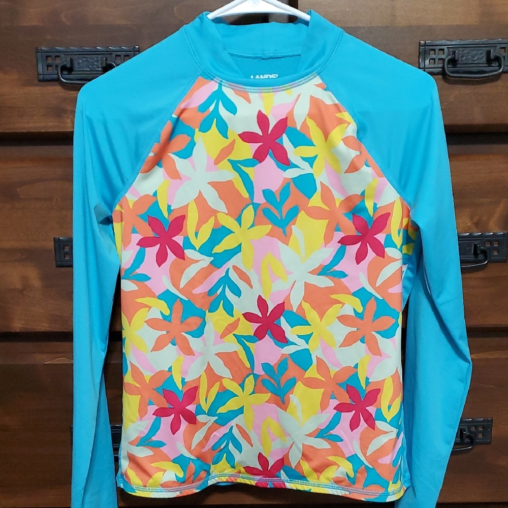 Lands' End Floral Rash Guard Swim top